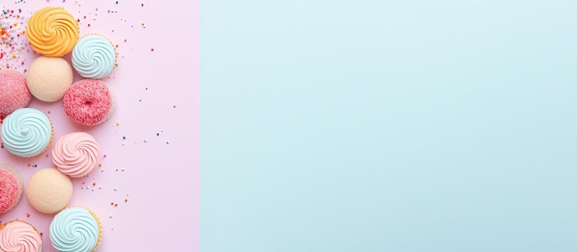 Photo of a colorful cake on a matching background with plenty of space for text or other design elements with copy space