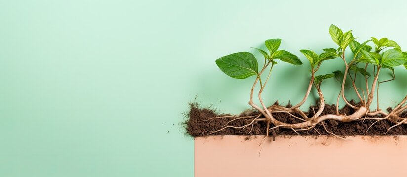 Photo of a thriving plant with visible roots emerging from the soil with copy space