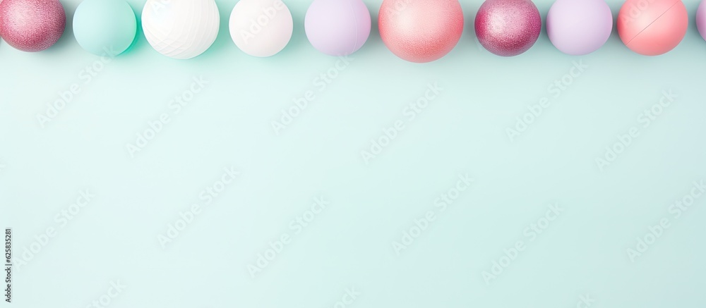 Poster Photo of colorful pastel eggs on a vibrant blue background with empty space for text or design with copy space
