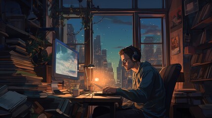 Illustration of a man studying in his room late at night