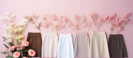 Photo of colorful womens skirts displayed on a wall with copy space