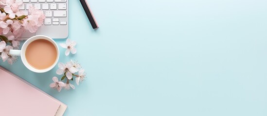 Photo of a cup of coffee, keyboard, and flowers on a desk with copy space
