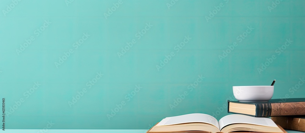 Poster photo of an open book and a cup of coffee on a table, offering a cozy and inviting atmosphere with c