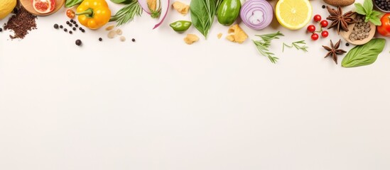 Photo of a colorful assortment of fruits and vegetables on a clean, white background with copy space