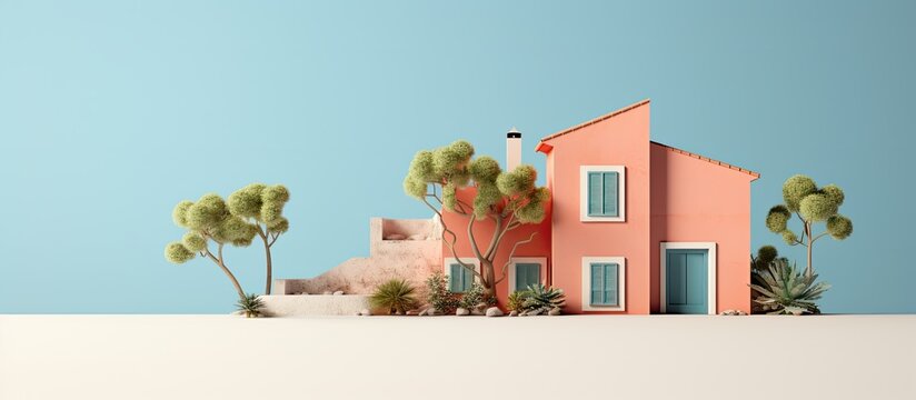 Photo of a charming pink house surrounded by lush greenery under a vibrant blue sky with ample space for creative content with copy space