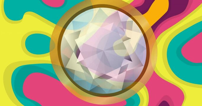 Animation of circle with grey shapes over neon retro pattern