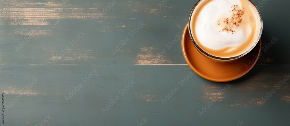 Poster photo of a cup of coffee on a saucer on a table with ample copy space with copy space