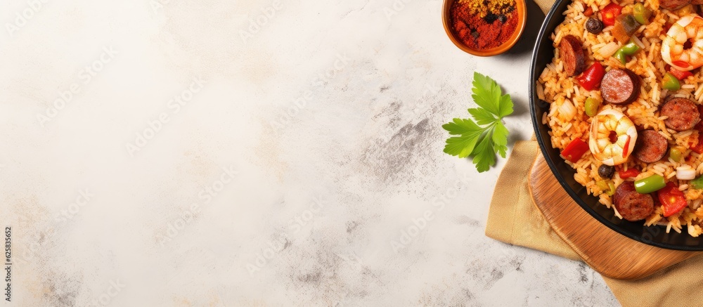 Poster photo of shrimp and rice with a side of flavorful sauce with copy space