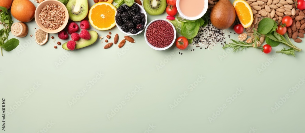 Poster photo of a colorful assortment of fresh fruits and vegetables on a table with copy space