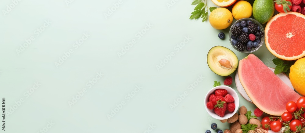 Poster photo of a colorful assortment of fresh fruits and vegetables arranged in a rectangular shape with c