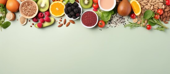 Photo of a colorful assortment of fresh fruits and vegetables on a table with copy space