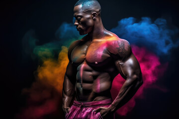 Fototapeta na wymiar Muscular shirtless man with skin painted with Holi colors. Ai generated.