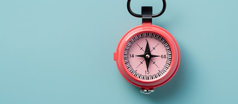 Photo of a red and black compass on a blue background with plenty of copy space with copy space