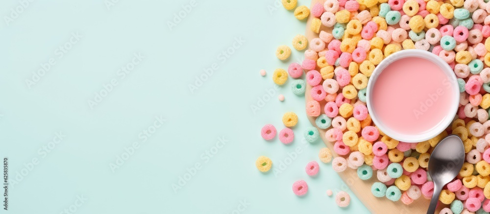 Poster photo of a bowl of cereal and a spoon on a table with plenty of copy space with copy space