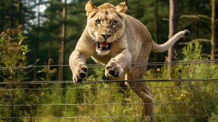 Obraz premium a lioness jumps over a fence, much forest, brandenburg, berlin