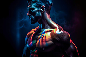 Sportive man bodybuilder is posing in the colorful neon light with naked muscular torso showing chest, abdominal muscles in neon studio light. Ai generated.