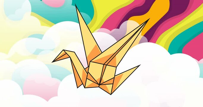 Animation of origami bird over neon retro pattern