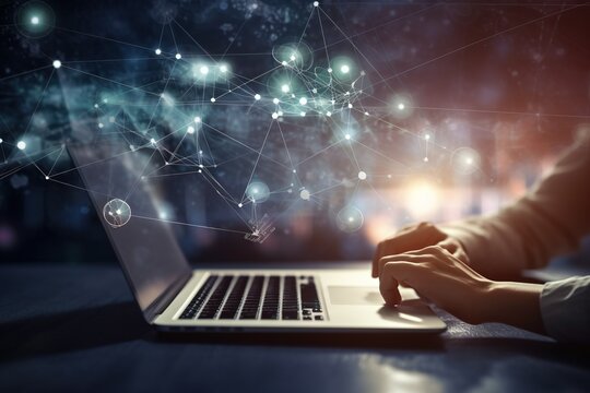 Digital tablet user networks through IoT concept with line and dot connection, featuring internet network connection and digital technology background.