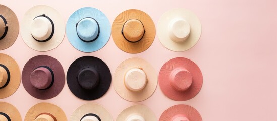 Photo of hats arranged on a wall, offering a variety of styles and colors with copy space