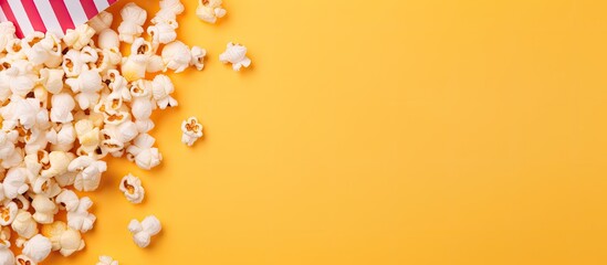 Photo of popcorn spilled out of a striped paper bag on a yellow background with copy space with copy space - obrazy, fototapety, plakaty
