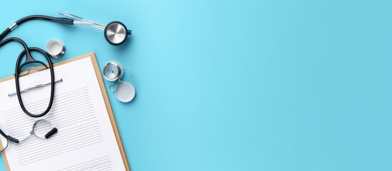 Photo of a stethoscope and a book on a blue background with plenty of copy space with copy space - obrazy, fototapety, plakaty
