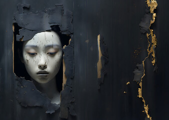 Ssurreal Concept. Closeup portrait of stunning beautiful woman of broken ceramic grunge weathered rustic texture. illuminated with dynamic composition and dramatic lighting