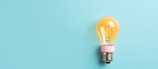 Photo of a yellow light bulb on a blue background with plenty of copy space with copy space