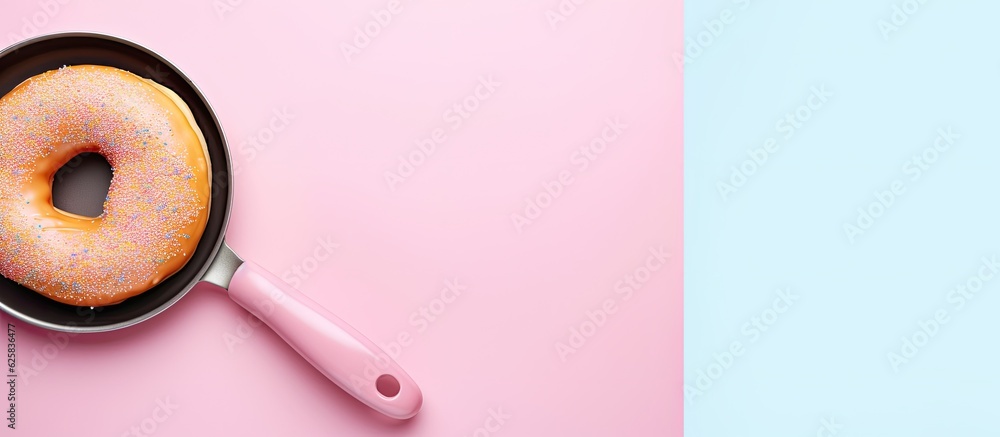 Poster photo of a delicious donut frying in a colorful pan on a vibrant background with copy space
