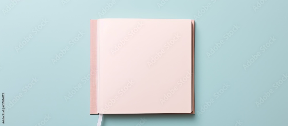 Poster photo of a pink notebook on a light blue background with plenty of space for your creative ideas wit