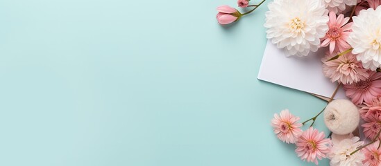 Photo of pink and white flowers on a blue background with copy space with copy space