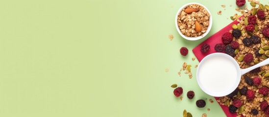 Obraz na płótnie Canvas Photo of a healthy breakfast with granola and yogurt with copy space