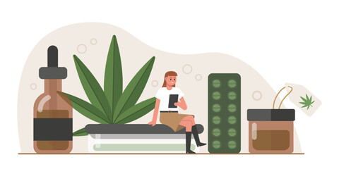 Female holding document and reading, sitting near cosmetic and medical products. Legalization of marijuana. Medical drug use. Allowed medicinal growth with drug addiction. Flat vector illustration