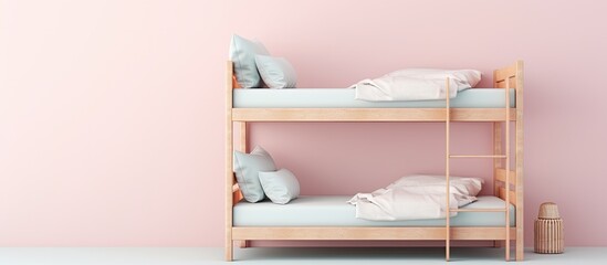 Obraz na płótnie Canvas Photo of two bunk beds against a pink wall with pillows and plenty of space for cozy sleepovers with copy space