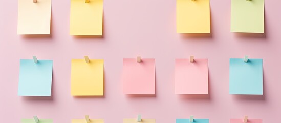 Photo of colorful sticky notes arranged on a wall for organization and brainstorming with copy space