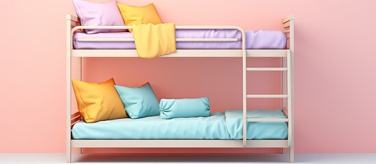 Photo of a pink bunk bed with fluffy pillows in a cozy room with copy space