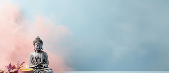 Photo of a serene Buddha statue sitting on a table in a peaceful setting with copy space - Powered by Adobe