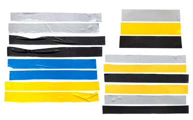 Fototapeta premium yellow,gray,black,blue tapes isolated on white background. Torn horizontal and different size sticky tape, adhesive pieces. can use business-paperwork-banner products 