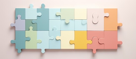Photo of a vibrant puzzle piece hanging on a wall with plenty of copy space with copy space