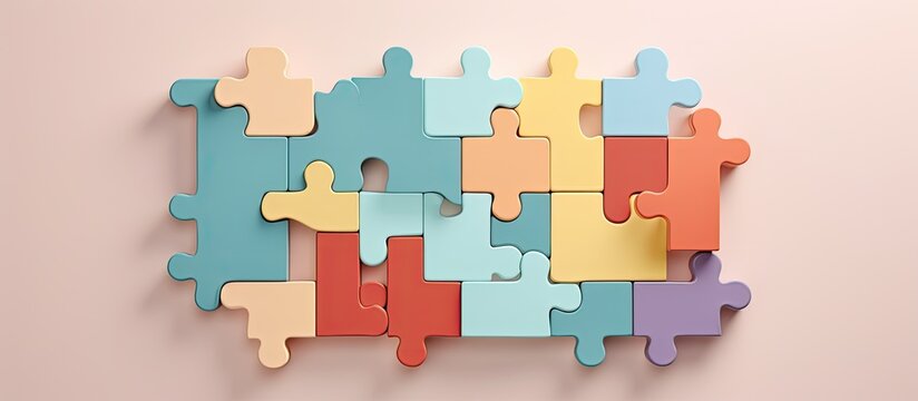 Photo of a colorful puzzle pieces on a vibrant pink background with plenty of space for text or design elements with copy space