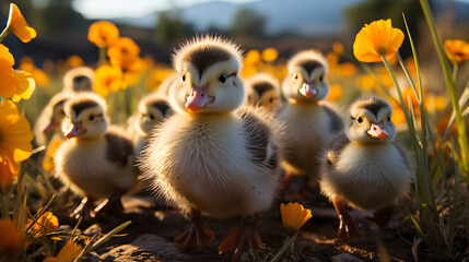 cute cuddly duck family waddling through green grass with sunlight behind them, generative AI