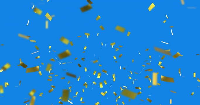 Animation of gold confetti falling over blue background