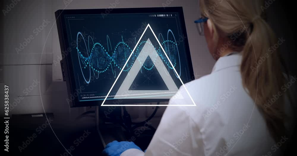 Poster animation of data processing over caucasian female scientist using computer
