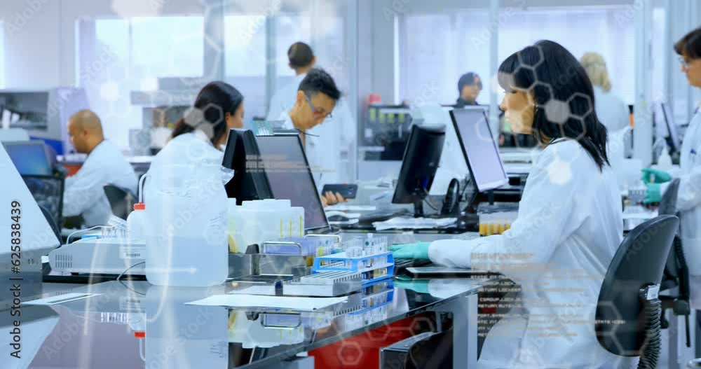Poster animation of data processing over asian female scientist using computer