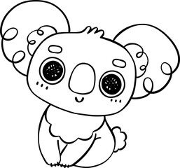 Cute Playful Koala Doodle Outline. Black line art Drawing of Australian Marsupial Cartoon Character