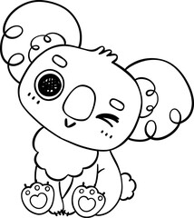 Cute Playful Koala Doodle Outline. Black line art Drawing of Australian Marsupial Cartoon Character