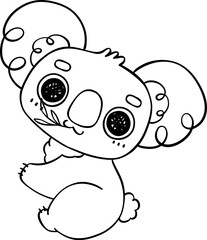 Cute Playful Koala Doodle Outline. Black line art Drawing of Australian Marsupial Cartoon Character