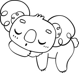 Cute Peaceful sleeping Koala Doodle Outline. Black line art Drawing of Australian Marsupial Cartoon Character