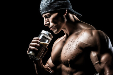 Muscular man with protein drink in shaker over dark background. Ai generated.