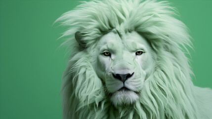 Close up portrait of a lion on a pastel green background in minimal style. Generative AI