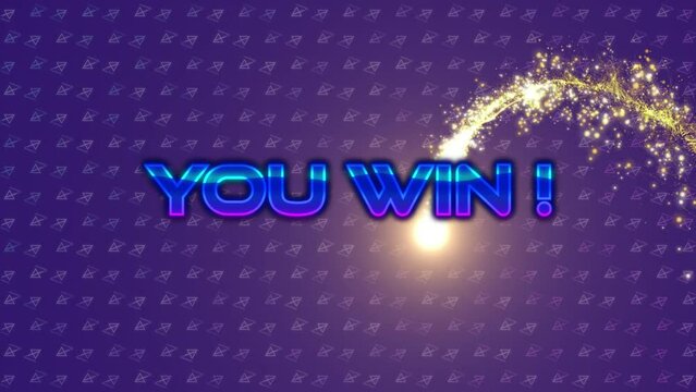 Animation of you win text over shooting star on purple background